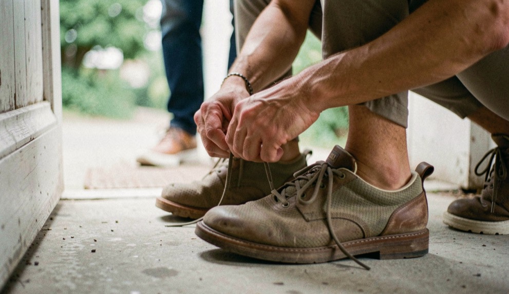 Detailed working view of footwear choice within entry path