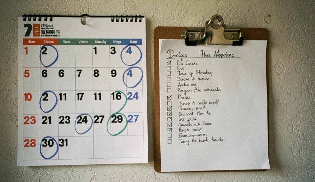 A wall calendar with circled dates beside a clipboard holding a handwritten checklist