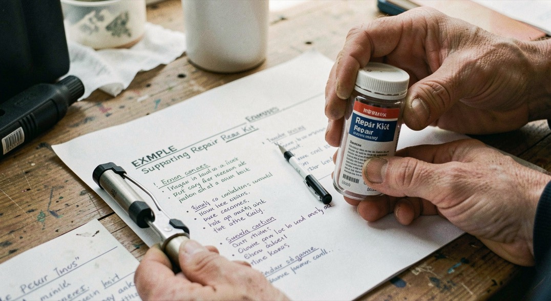 Supporting example showing repair kit alongside contextual notes
