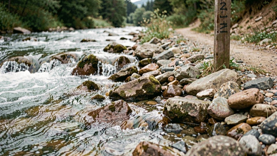 Close view of a rocky river shore with clear fast current running over stones and a marked trail post behind